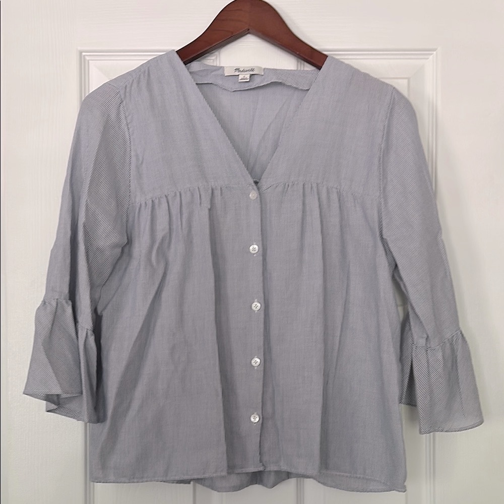Blue striped Bell Sleeve Blouse with Notched Collar